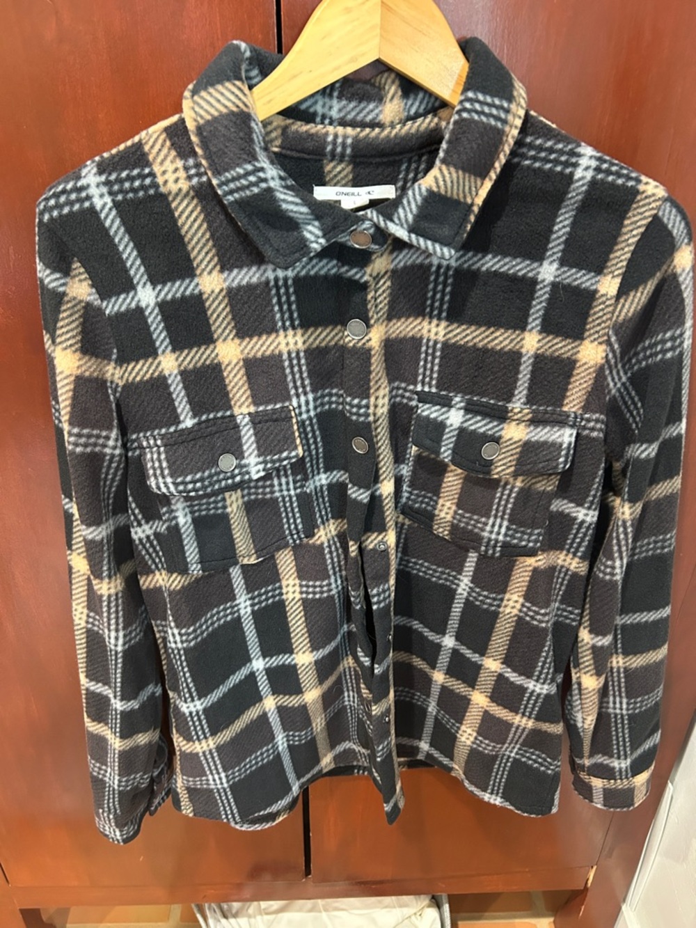 O'Neill Black, Tan and White Plaid Fleece Shacket